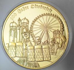 ALMANYA ALTIN KAPLAMA HATIRA MADALYON 2010. MÜNİH OKTOBERFEST  200. YIL TEMALI. 5555 ADET BASILMIŞTIR. BÜYÜK BOY 50 mm 52,5 gr. KENDİ KORUMA KAPSÜLÜNDE. PROOF BASKI  ÇİL KONDİSYON.