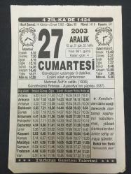 27 ARALIK  2003-TAKVİM YAPRAĞI-DOĞUM GÜNÜ HEDİYESİ-TÜRKİYE GAZETESİ TAKVİMİ,MEHMET AKİFİN VEFATI,1936,GÜNDÖNÜMÜ FIRTINASI,AYASOFYANIN YAPILIŞI 537,HEMPHERİN HATIRALARI