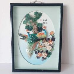 Retro 1960 lar Japon Designer Yapımı Sedef ve Abalone  Malzemeyle Bezenmiş Kuşlar Panosu Shadow Box Cam İçinde