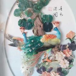 Retro 1960 lar Japon Designer Yapımı Sedef ve Abalone  Malzemeyle Bezenmiş Kuşlar Panosu Shadow Box Cam İçinde