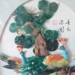 Retro 1960 lar Japon Designer Yapımı Sedef ve Abalone  Malzemeyle Bezenmiş Kuşlar Panosu Shadow Box Cam İçinde