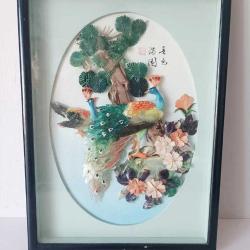 Retro 1960 lar Japon Designer Yapımı Sedef ve Abalone  Malzemeyle Bezenmiş Kuşlar Panosu Shadow Box Cam İçinde