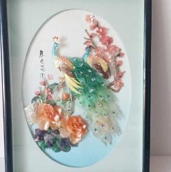 Retro 1960 lar Japon Designer Yapımı Sedef ve Abalone  Malzemeyle Bezenmiş Kuşlar Panosu Shadow Box Cam İçinde (B)