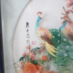 Retro 1960 lar Japon Designer Yapımı Sedef ve Abalone  Malzemeyle Bezenmiş Kuşlar Panosu Shadow Box Cam İçinde (B)