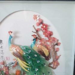 Retro 1960 lar Japon Designer Yapımı Sedef ve Abalone  Malzemeyle Bezenmiş Kuşlar Panosu Shadow Box Cam İçinde (B)