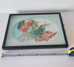 Retro 1960 lar Japon Designer Yapımı Sedef ve Abalone  Malzemeyle Bezenmiş Kuşlar Panosu Shadow Box Cam İçinde (B)