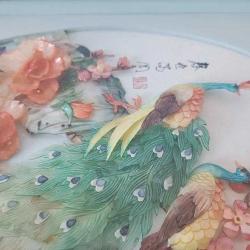 Retro 1960 lar Japon Designer Yapımı Sedef ve Abalone  Malzemeyle Bezenmiş Kuşlar Panosu Shadow Box Cam İçinde (B)