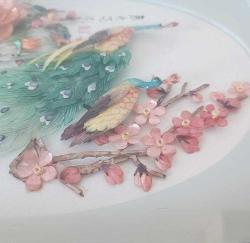 Retro 1960 lar Japon Designer Yapımı Sedef ve Abalone  Malzemeyle Bezenmiş Kuşlar Panosu Shadow Box Cam İçinde (B)