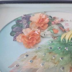 Retro 1960 lar Japon Designer Yapımı Sedef ve Abalone  Malzemeyle Bezenmiş Kuşlar Panosu Shadow Box Cam İçinde (B)