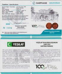 YEŞİLAY'IN KURULUŞUNUN 100. YILI HATIRA 2,5 LİRA 1920 - 2020 BRONZ PARA. 5000 ADET BASILMIŞTIR. SERİ NOLU SERTİFİKALI VE KENDİ KAPSÜLÜNDE - SERİ NOSU 1194. ÇİL KONDİSYON. NADİR.