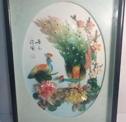 Retro 1960 lar Japon Designer Yapımı Sedef ve Abalone  Malzemeyle Bezenmiş Kuşlar Panosu Shadow Box Cam İçinde (C)