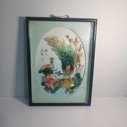 Retro 1960 lar Japon Designer Yapımı Sedef ve Abalone  Malzemeyle Bezenmiş Kuşlar Panosu Shadow Box Cam İçinde (C)