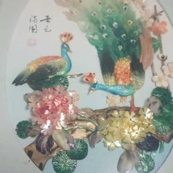 Retro 1960 lar Japon Designer Yapımı Sedef ve Abalone  Malzemeyle Bezenmiş Kuşlar Panosu Shadow Box Cam İçinde (C)