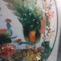 Retro 1960 lar Japon Designer Yapımı Sedef ve Abalone  Malzemeyle Bezenmiş Kuşlar Panosu Shadow Box Cam İçinde (C)