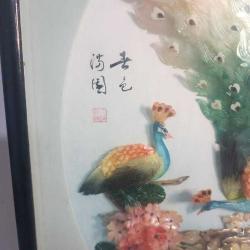 Retro 1960 lar Japon Designer Yapımı Sedef ve Abalone  Malzemeyle Bezenmiş Kuşlar Panosu Shadow Box Cam İçinde (C)