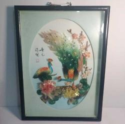 Retro 1960 lar Japon Designer Yapımı Sedef ve Abalone  Malzemeyle Bezenmiş Kuşlar Panosu Shadow Box Cam İçinde (C)