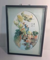 Retro 1960 lar Japon Designer Yapımı Sedef ve Abalone  Malzemeyle Bezenmiş Kuşlar Panosu Shadow Box Cam İçinde (D)