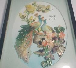 Retro 1960 lar Japon Designer Yapımı Sedef ve Abalone  Malzemeyle Bezenmiş Kuşlar Panosu Shadow Box Cam İçinde (D)