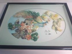 Retro 1960 lar Japon Designer Yapımı Sedef ve Abalone  Malzemeyle Bezenmiş Kuşlar Panosu Shadow Box Cam İçinde (D)