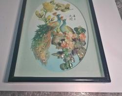 Retro 1960 lar Japon Designer Yapımı Sedef ve Abalone  Malzemeyle Bezenmiş Kuşlar Panosu Shadow Box Cam İçinde (D)