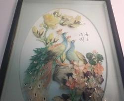 Retro 1960 lar Japon Designer Yapımı Sedef ve Abalone  Malzemeyle Bezenmiş Kuşlar Panosu Shadow Box Cam İçinde (D)