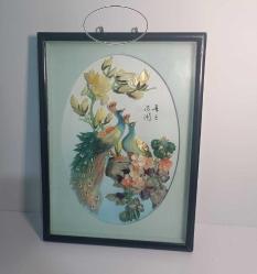 Retro 1960 lar Japon Designer Yapımı Sedef ve Abalone  Malzemeyle Bezenmiş Kuşlar Panosu Shadow Box Cam İçinde (D)