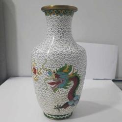 Antika  Champleve Mineli Beyaz zemin üzeri Ejderhalar Vazo Çin