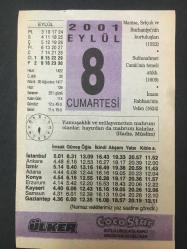 Efemera - 8  EYLÜL 2001-TAKVİM YAPRAĞI-DOĞUM GÜNÜ HEDİYESİ-ÜLKER TAKVİMİ,MANİSA,SELÇUK,VE BURHANİYENİN KURTULUŞLARI 1922,SULTAN AHMET CAMİİNİN TEMELİ ATILDI,1609,İMAMI RABBANİNİN VEFATI 1624,AMPULÜ DÖNDÜRECEĞİNE - kitantik - kitaLog
