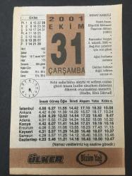 Efemera - 31 EKİM 2001-TAKVİM YAPRAĞI-DOĞUM GÜNÜ HEDİYESİ-ÜLKER TAKVİMİ,BERAT KANDİLİ,VEZİRİ AZAM KÖPRÜLÜ MEHMET PAŞANIN ÖLÜMÜ 1661,BERAAT KANDİLİ - kitantik - kitaLog