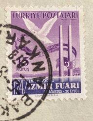 Efemera - Mektup Zarfından Kesilmiş  / Postadan Geçmiş Pul Filateli - Damgalı - 1947 İZMİR ENTERNASYONEL İZMİR FUARI 20 AĞUSTOS-20 EYLÜL , 15 KURUŞ - Türkiye Cumhuriyeti - kitantik - kitaLog