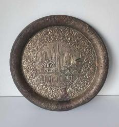 Antika El İşçilikli Bakır Tepsi Camili