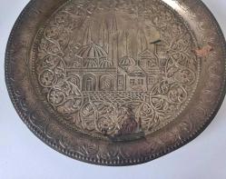 Antika El İşçilikli Bakır Tepsi Camili