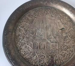 Antika El İşçilikli Bakır Tepsi Camili