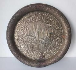 Antika El İşçilikli Bakır Tepsi Camili