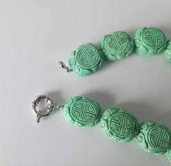 Vintage Turkuaz Rengi Havlit Taşı Elde Oyma SHOU Sembollü Kolye