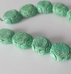 Vintage Turkuaz Rengi Havlit Taşı Elde Oyma SHOU Sembollü Kolye