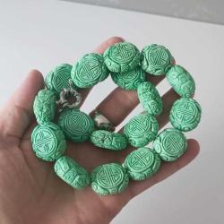 Vintage Turkuaz Rengi Havlit Taşı Elde Oyma SHOU Sembollü Kolye