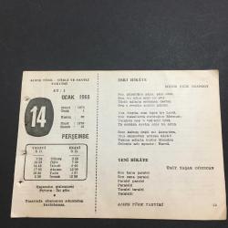 14 OCAK 1960 -TAKVİM YAPRAĞI-DOĞUM GÜNÜ HEDİYESİ-AJANS TÜRK-ŞİİRLİ VE SAATLİ TAKVİMİ,MUNİS FAİK OZANSOY,ÜMİT YAŞAR OĞUZCANMEHMET EMİN YURDAKUL,ORHAN VELİ KANIK,FAL,FIKRA,İTALYAN BESTECİLERDEN SPONTİNİN ÖLÜMÜ,1851,MEHMET EMİN  YURDAKULUN ÖLÜMÜ 1944,GÜZEL SÖZ,YEMEK LİSTESİ