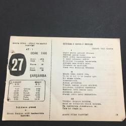 27 OCAK 1960 -TAKVİM YAPRAĞI-DOĞUM GÜNÜ HEDİYESİ-AJANS TÜRK-ŞİİRLİ VE SAATLİ TAKVİMİ,ORHAN VELİ KANIK,ERCÜMENT UÇARI,NEF -İ,FAL,FIKRA,OSMANLI DEVLETİNİN KURULUŞU,1300,NEFİNİN İDAMI,1635,HATAY ANTLAŞMASININ MİLLETLER CEMİYETİNDE KABULÜ,1937,GÜZEL SÖZ,YEMEK LİSTESİ