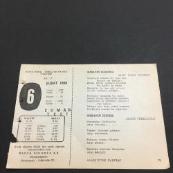 6 ŞUBAT 1960 -TAKVİM YAPRAĞI-DOĞUM GÜNÜ HEDİYESİ-AJANS TÜRK-ŞİİRLİ VE SAATLİ TAKVİMİ,HALİT FAHRİ OZANSOY,ÖRCÜN TEKELİOĞLU,METİN ELOĞLU,ÖZDEMİR ASAF,FAL,FIFRA,2.SULTAN AHMETİN ÖLÜMÜ,1695,MÜNİF PAŞANIN ÖLÜMÜ 1910,GÜZEL SÖZ,YEMEK LİSTESİ