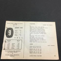 9 ŞUBAT 1960 -TAKVİM YAPRAĞI-DOĞUM GÜNÜ HEDİYESİ-AJANS TÜRK-ŞİİRLİ VE SAATLİ TAKVİMİ,ORHAN VELİ KANIK,ARİF DAMAR,EDİZ KUNTASAL,SALAH BİRSEL,FAL,FIKRA,GUTENBERGİN DOĞUMU 1400,İSTANBUL BOĞAZANIN DONMASI 1621GÜZEL SÖZ,YEMEK LİSTESİ