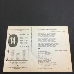 14 ŞUBAT 1960 -TAKVİM YAPRAĞI-DOĞUM GÜNÜ HEDİYESİ-AJANS TÜRK-ŞİİRLİ VE SAATLİ TAKVİMİ,NEZMETTİN HALİL ONAN,ASAF HALET ÇELEBİ ,HALİM GÜZELSON,SUAT TAŞER,SALAH BİRSEL,FAL,FIKRA,TELEFONUN A.GRAHAM BELL TARAFINDAN İCADI,1766,GÜZEL SÖZ,YEMEK LİSTESİ