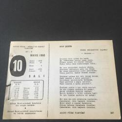 10 MAYIS 1960-TAKVİM YAPRAĞI-DOĞUM GÜNÜ HEDİYESİ- AJANS TÜRK-ŞİİRLİ VE SAATLİ TAKVİMİ,ÖMER BEDRETTİN UŞAKLI,CAHİT SITKI TARANCI,FAL,FIKRA,İLK TOPÇULUK OKULUMUZ MÜHENDİS HANESİ BERRİİ HÜMAYUN UN AÇILIŞI 1795,GÜZEL SÖZ,YEMEK LİSTESİ
