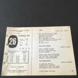 26 TEMMUZ 1960 -TAKVİM YAPRAĞI-DOĞUM GÜNÜ HEDİYESİ-AJANS TÜRK-ŞİİRLİ VE SAATLİ TAKVİMİ,NAHİT ULVİ AKGÜN,LEVENT ESMER,RIDVAN BÜLBÜL,ÖZKER YAŞIN,RÜKSAN TÜRKAN ÜNLÜ ,LEVENT ESMER