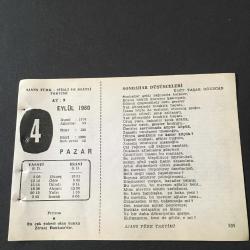 4 EYLÜL 1960 -TAKVİM YAPRAĞI-DOĞUM GÜNÜ HEDİYESİ-AJANS TÜRK-ŞİİRLİ VE SAATLİ TAKVİMİ,ÜMİT YAŞAR OĞUZCAN,FAL,FIKRA,FRANSIZ EDEBİYATÇISI,CHATEAUBRİAND IN DOĞUMU,1768,SİVAS KONGRESİNİN AÇILIŞI 1919,GÜZEL SÖZ,YEMEK LİSTESİ
