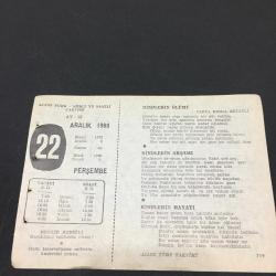 22 ARALIK 1960 -TAKVİM YAPRAĞI-DOĞUM GÜNÜ HEDİYESİ- AJANS TÜRK - ŞİİRLİ VE SAATLİ TAKVİMİ,YAHYA KEMAL BEYATLI,OĞUZ KAZIM ATOK,TURGUT UYAR,FAL,FIKRA,3.MEHMETİN ÖLÜMÜ 1603,GÜZEL SÖZ,YEMEK LİSTESİ