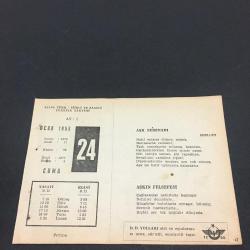 24 OCAK 1958-TAKVİM YAPRAĞI-DOĞUM GÜNÜ HEDİYESİ-AJANS TÜRK-ŞİİRLİ VE SAATLİ TÜRKİYE TAKVİMİ,SHELLEY,YAHYA KEMAL BEYATLI,FAL,FIKRA,TEPEDENLİ ALİ PAŞANIN ÖLDÜRÜLMESİ 1822,GÜZEL SÖZ,YEMEK LİSTESİ