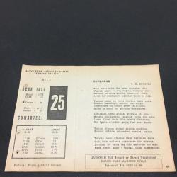 25 OCAK 1958-TAKVİM YAPRAĞI-DOĞUM GÜNÜ HEDİYESİ-AJANS TÜRK-ŞİİRLİ VE SAATLİ TÜRKİYE TAKVİMİ,Y.K.BEYATLI,C.S TARANCI,FAL,FIKRA,SIRP SINDIĞI ZAFERİNİN KAZANILMASI,1369,GÜZEL SÖZ,YEMEK LİSTESİ,