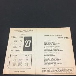 27 OCAK 1958-TAKVİM YAPRAĞI-DOĞUM GÜNÜ HEDİYESİ-AJANS TÜRK-ŞİİRLİ VE SAATLİ TÜRKİYE TAKVİMİ,WİLLİAM BLAKE,R.N.EVRİMER,FAL,FIKRA,OSMANLI DEVLETİNİN KURULUŞU 1300,HATAY ANLAŞMASININ MİLLETLER CEMİYETİNDE KABULÜ 1937,GÜZEL SÖZ,YEMEK LİSTESİ,