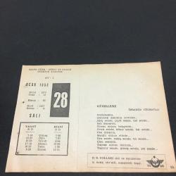 28 OCAK 1958-TAKVİM YAPRAĞI-DOĞUM GÜNÜ HEDİYESİ-AJANS TÜRK-ŞİİRLİ VE SAATLİ TÜRKİYE TAKVİMİ,İBRAHİM CÜCEOĞLU,PETÖFİ ŞANDOR,FAL,FIKRA,TÜRK ORDULARININ KAHRİYE GİRİŞİ 1517,GÜZEL SÖZ,YEMEK LİSTESİ